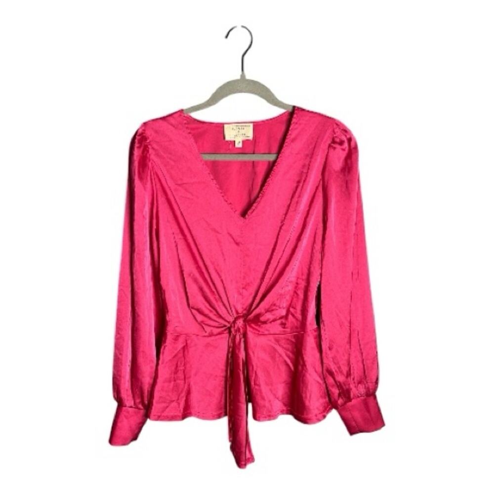 Flower + Feather Bright Pink V Neck Top Medium